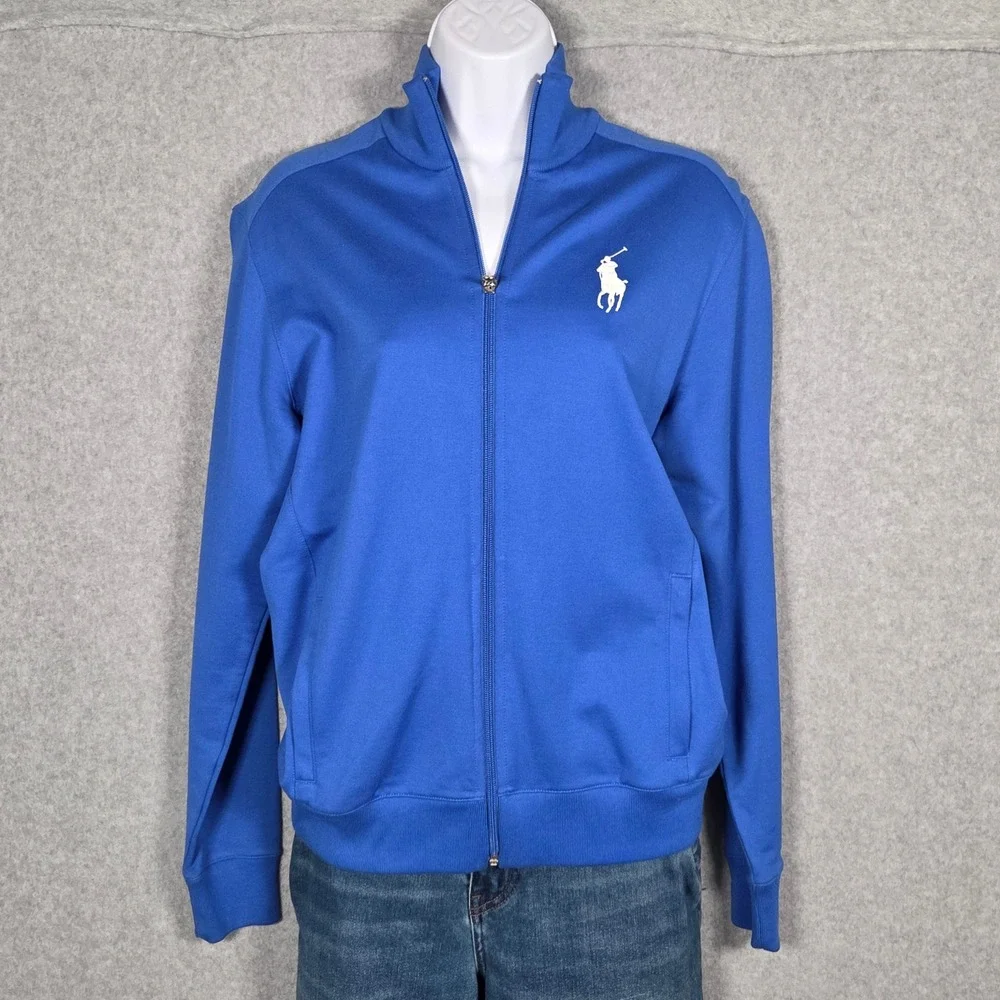 VTG Ralph Lauren Golf Women Medium Full Zip Track Jacket Blue Pima Cotton Mock